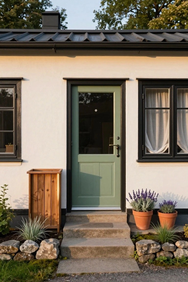 White cottage exterior with sage green paneled front door, black-framed windows with sheer curtains, wooden planter box, two potted lavender plants, stone steps, and low garden bed with rocks and grasses.