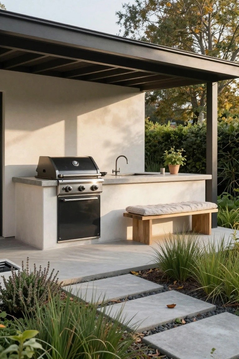 Outdoor kitchen under a black metal roof with built-in black gas grill and oven on white concrete counter and base, stainless sink, wooden bench with cushion, concrete patio with gravel paths and grasses nearby.