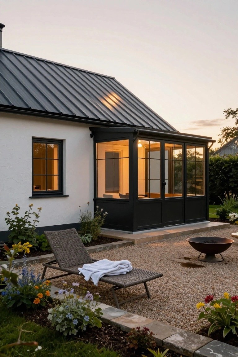 White rendered cottage with dark metal roof and attached black-framed glass conservatory extension, next to gravel patio area with wicker lounger, fire pit, and border plantings at dusk.
