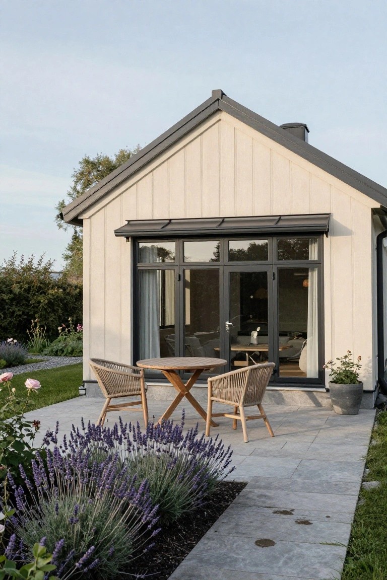 Modern house with patio, wicker chairs, and blooming lavender garden.