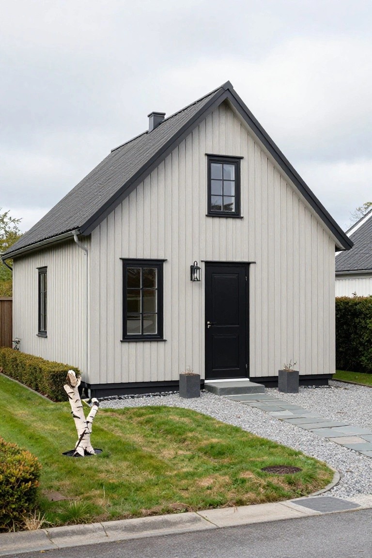 Small gabled cottage with pale gray vertical wood siding, black-framed windows and front door, lantern light beside entry, gravel driveway edged in stone, and birch tree sculpture in front yard grass.