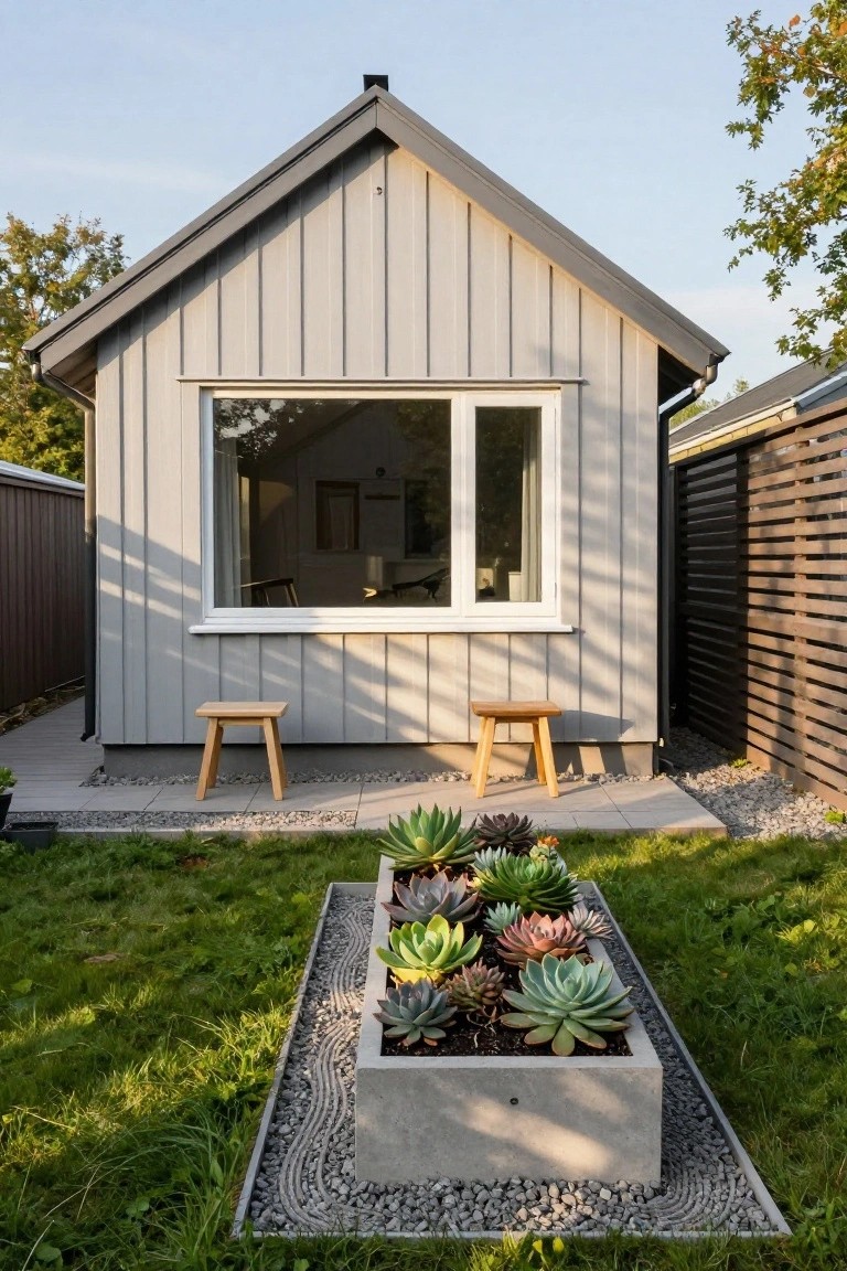 Gray vertical wood siding on a small gable-roofed cottage with a large front window, two wooden stools nearby, a concrete planter filled with succulents, gravel edging, and grass in the yard.