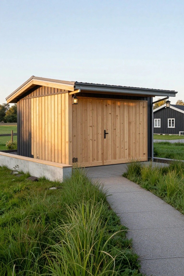 Small gabled wooden garage with light vertical siding on the front and large double doors, dark wood cladding on sides and roof edges, lantern light mounted on the corner, concrete base and path leading to it amid grass and plantings, black house visible in background.