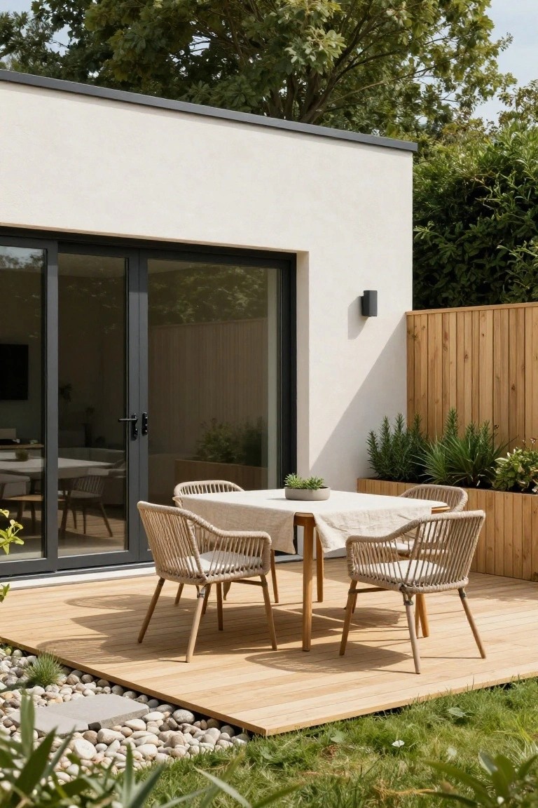 Modern outdoor dining set with woven chairs on wooden deck.