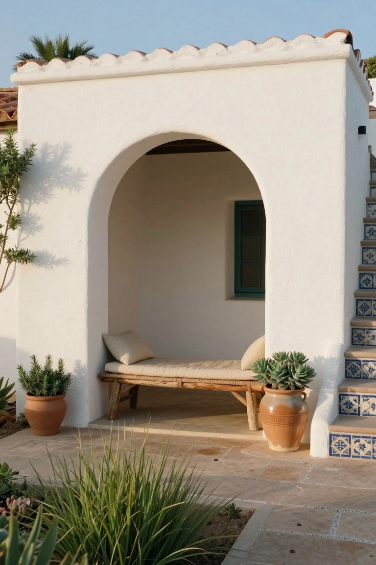 White stucco arched alcove with a cushioned bench inside, potted plants on either side, and blue-tiled stairs leading up to it in a garden patio.
