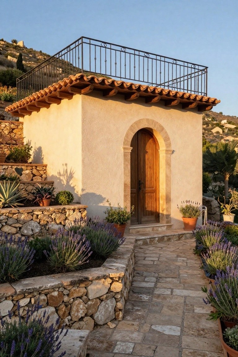 Small stucco house with terracotta tile roof and black wrought iron balcony on a hillside, featuring arched wooden entry door, stone steps, lavender plant beds, and stone path.