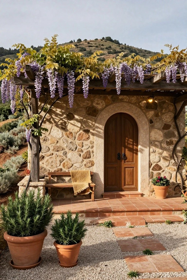 Rustic stone arched doorway with dark wooden double doors under a wooden pergola covered in purple wisteria blooms, wooden bench with yellow blanket on terracotta porch, potted rosemary plants, gravel path and steps, hillside landscape in background.
