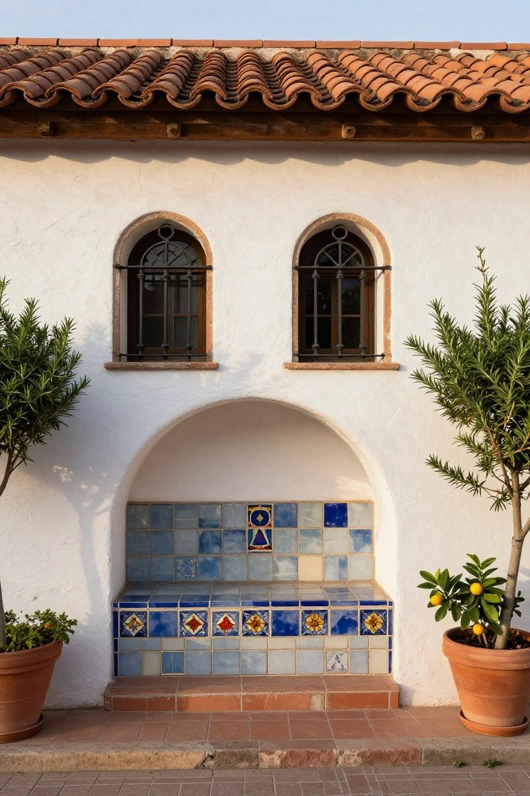White stucco house facade with terracotta tile roof, two small barred windows above an arched niche containing a blue tiled bench, flanked by potted rosemary plants, with a potted lemon tree and tile path in front.