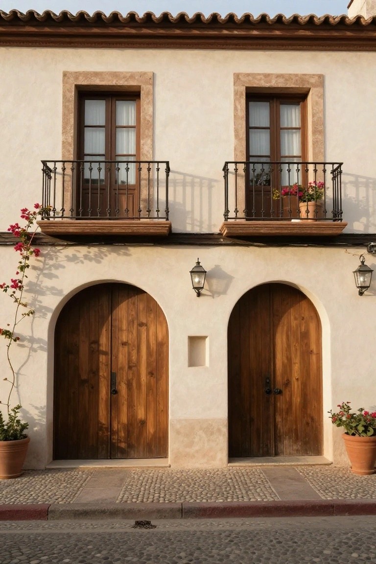 Beige stucco house exterior with two tall arched wooden double doors side by side, wrought iron balconies with flower pots above, wall lanterns on each side, climbing pink bougainvillea vines, potted plants at base, and pebble stone street.