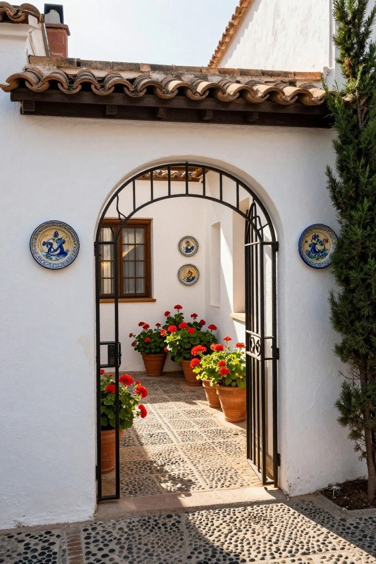 Arched black wrought-iron gate set in white stucco wall, open to reveal pebbled path with terracotta pots of red geraniums on both sides, blue ceramic plates mounted on walls, cypress tree to the right, terracotta tile roof overhead.
