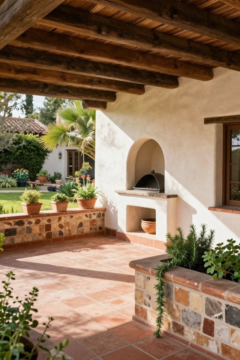 Covered outdoor patio with terracotta tile floor, white stucco walls under wooden beam ceiling, arched built-in black grill on wall shelf with terracotta pot below, stone-edged planters with rosemary and other greenery.