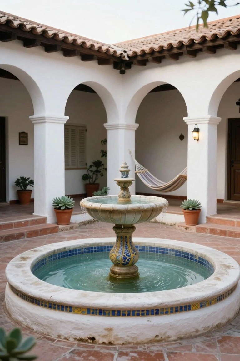 White stucco courtyard with central circular stone fountain filled with green water, hanging hammock between arches, potted plants, lantern light, and terracotta floor tiles.