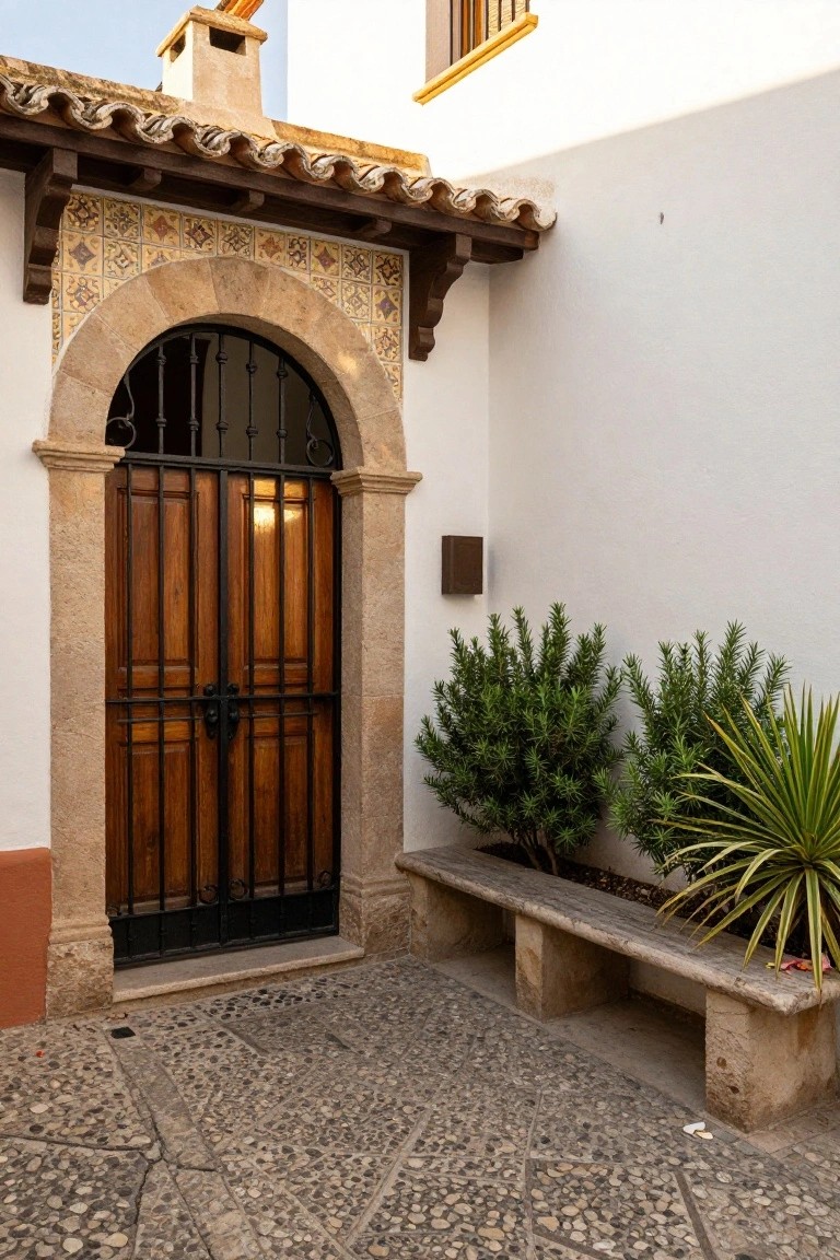 Arched stone entryway with double wooden doors and black wrought iron gate, flanked by white stucco walls, tiled roof details, potted rosemary and palm plants, and a stone bench on a pebbled ground.