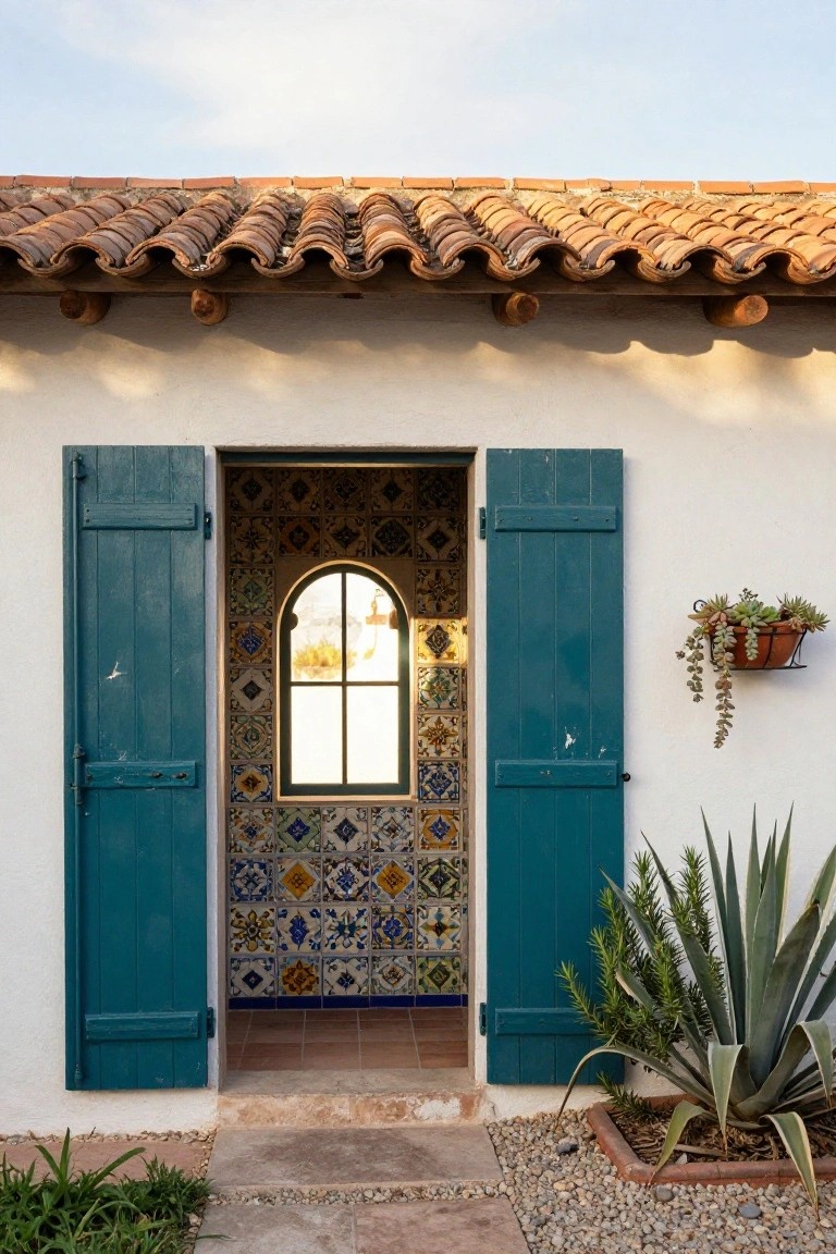 White stucco house exterior featuring an open doorway with turquoise shutters, colorful patterned tile surround on an arched door and window, hanging planter, agave plants in a gravel bed, and terracotta tile roof.