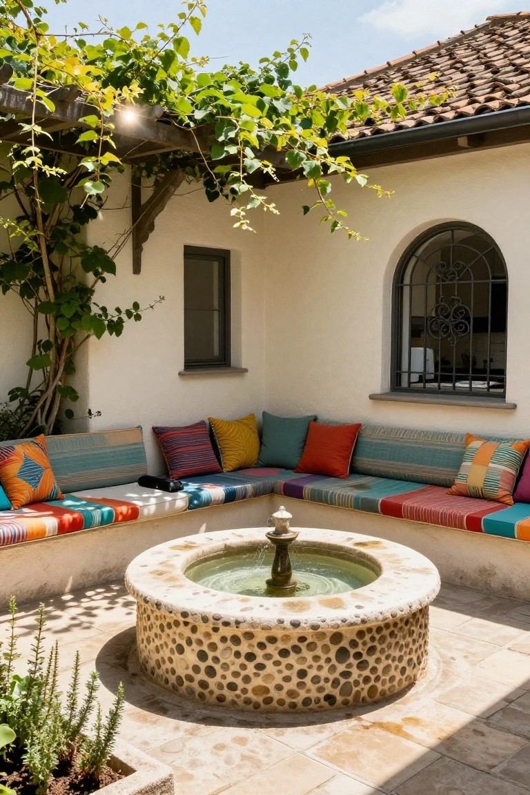 White stucco courtyard with L-shaped built-in benches covered in colorful patterned cushions surrounding a circular pebble-faced stone fountain, vine-covered wooden pergola overhead, and arched metal-grille window on the wall.