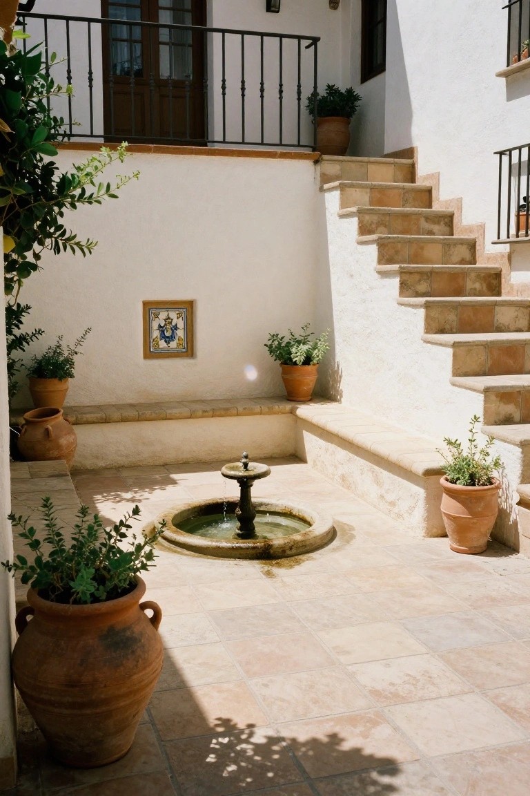 White courtyard patio with central round stone fountain, terracotta pots of greenery, stairs to upper door, and balcony railing.