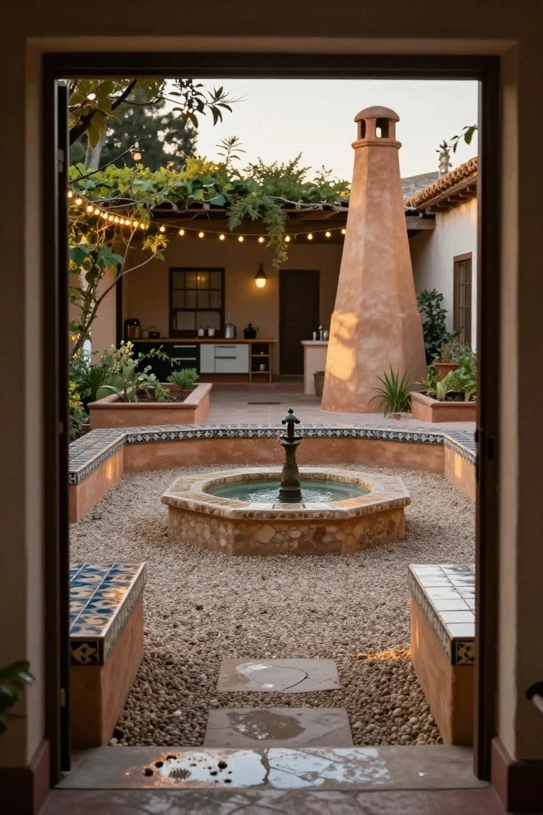 Open doorway framing a Spanish-style courtyard with a central octagonal stone fountain, built-in benches with blue tile accents on three sides, gravel ground cover, potted plants, an outdoor kitchen area, string lights, and a tall terracotta chimney tower.