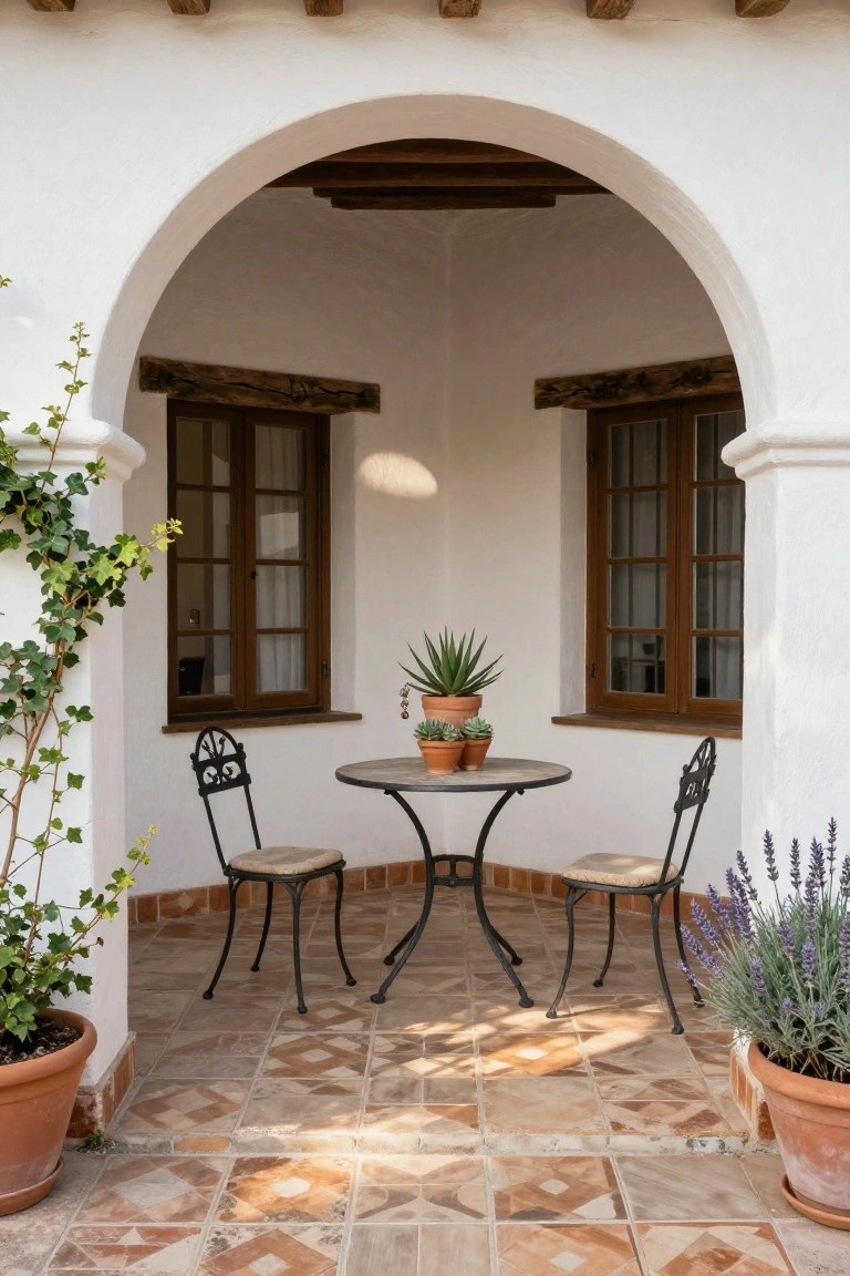 Small round metal table and two black wrought-iron chairs in a white stucco arched alcove on a patterned terracotta tiled patio, with potted ivy, aloe, succulents, and lavender plants nearby and wooden windows on the side.