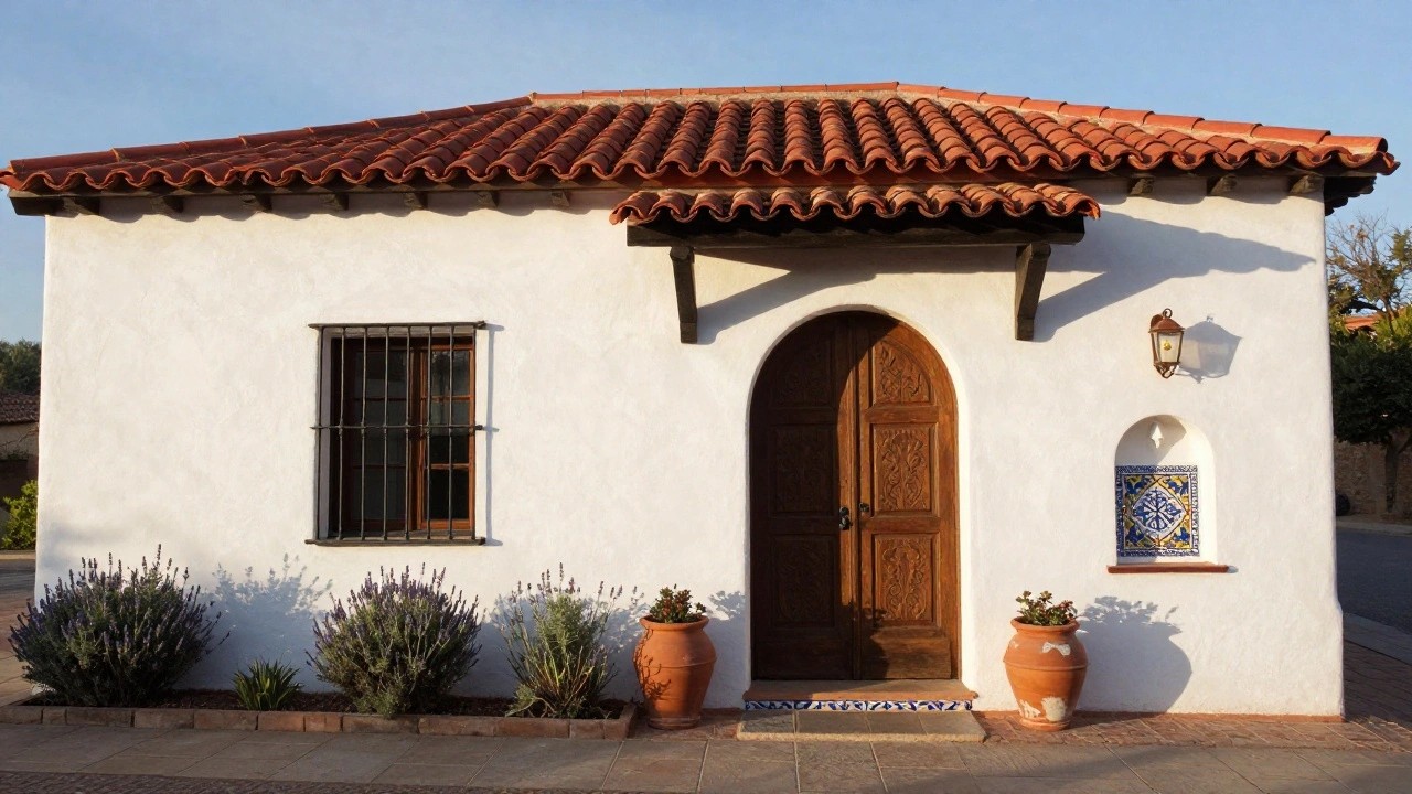 White stucco house exterior with red tile roof, dark carved wooden double doors, wrought iron window grilles, wall lantern, colorful tile plaque, potted rosemary plants, lavender shrubs, and tiled entry steps on a stone path.