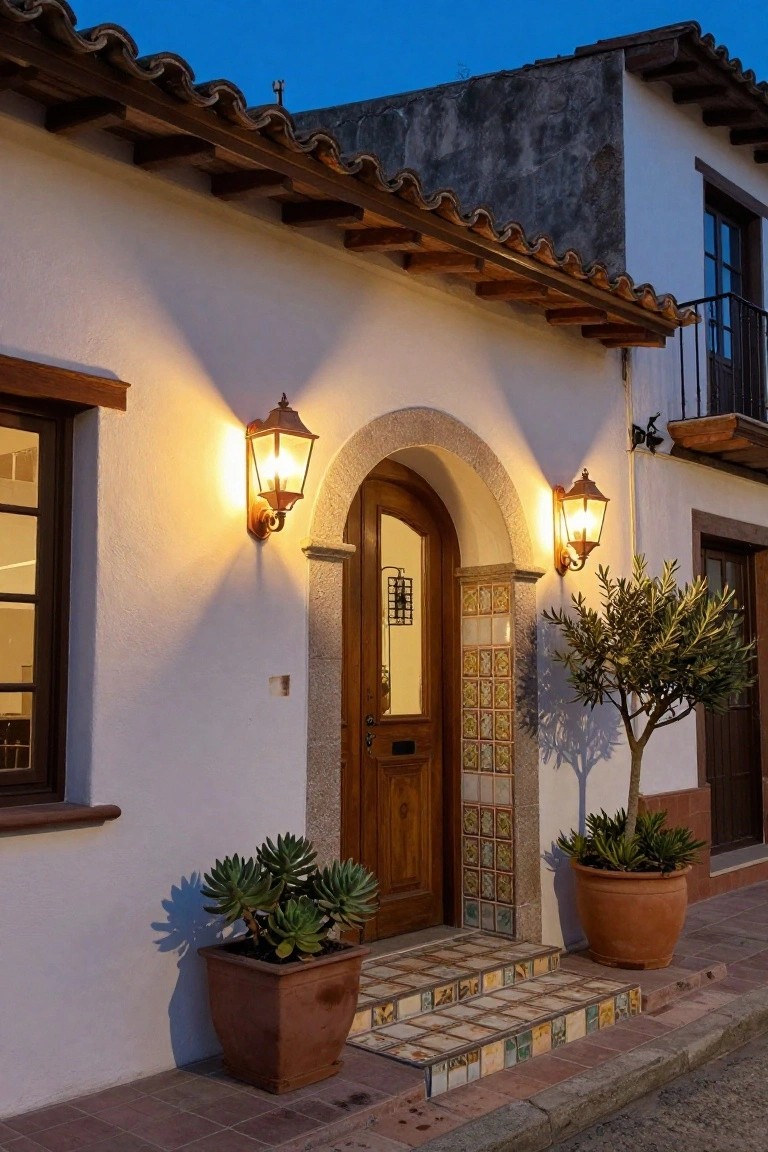 White stucco house exterior at dusk with stone-arched wooden door, two wall-mounted lanterns lit on either side, potted agave and olive trees flanking the entry, and colorful tiled steps leading up from the street.