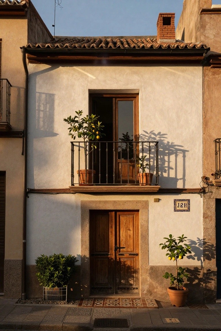 White stucco Spanish-style house facade featuring wooden double doors, potted lemon trees flanking the entrance and on the balcony, boxwood shrubs, and a tiled entry step on a street.