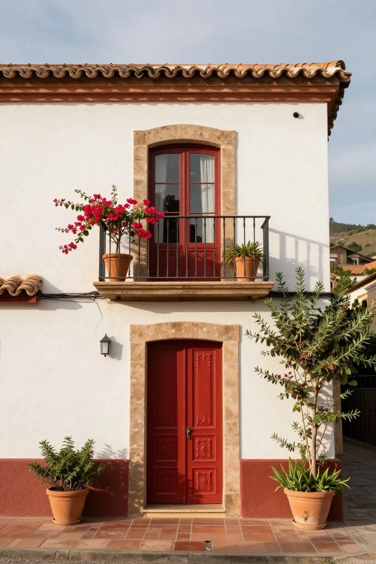 White stucco house with terracotta tile roof, red front door with stone archway, red-framed second-story window with black iron balcony and potted bougainvillea, flanked by potted plants on a tiled entry path.