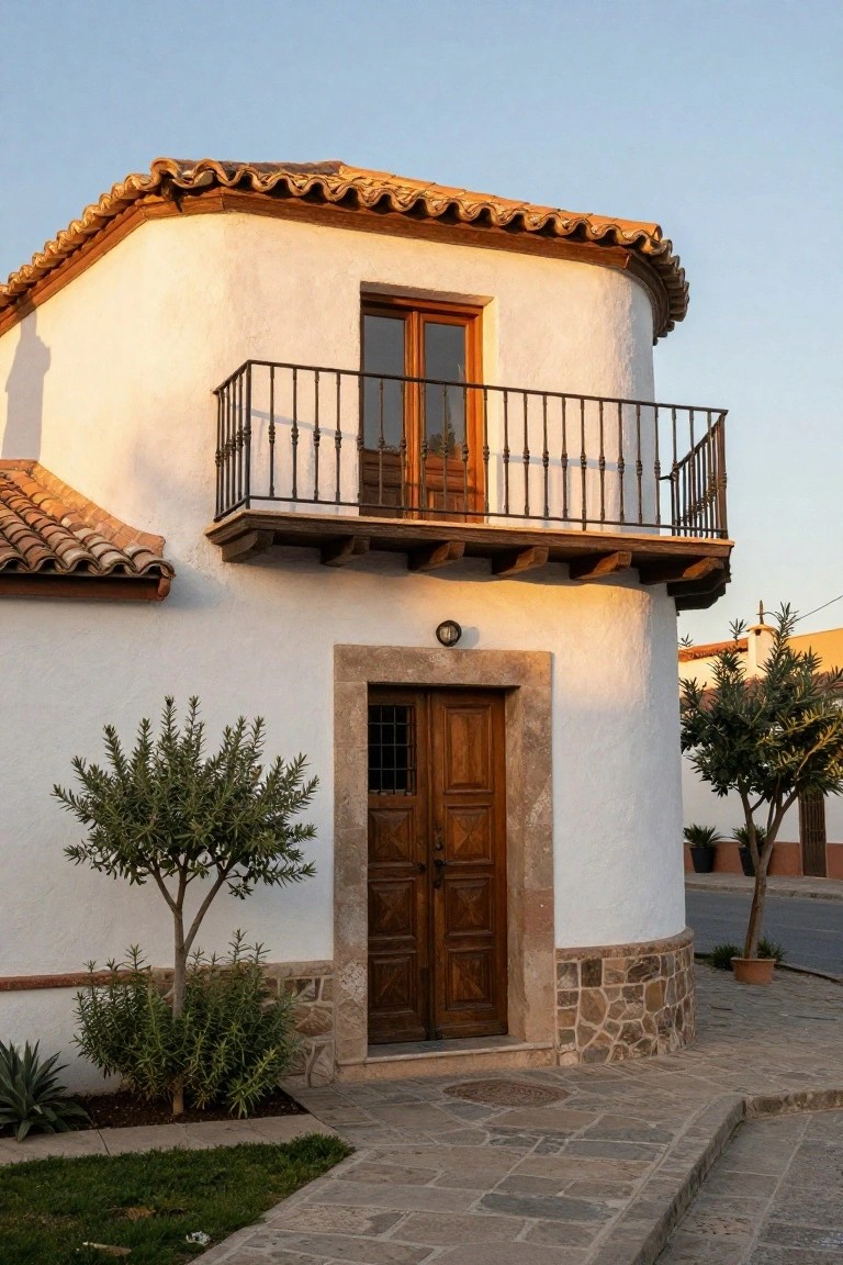 White stucco house corner with rounded walls, terracotta tile roof, wrought-iron balcony above a wooden door framed in stone, small olive tree and agave plants nearby on a stone path.