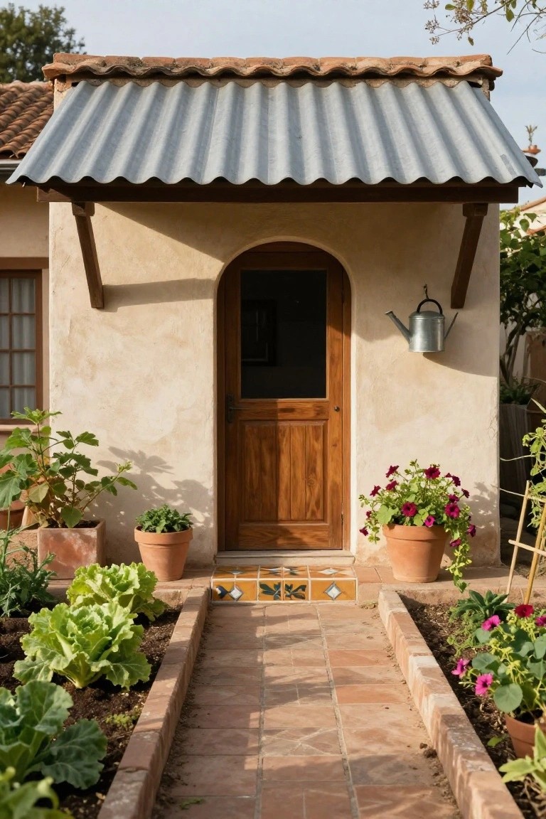 Small beige stucco outbuilding with dark wooden arched double door, corrugated metal awning supported by wooden beams, hanging metal watering can, potted plants, and vegetable garden beds along terracotta tiled entry path.