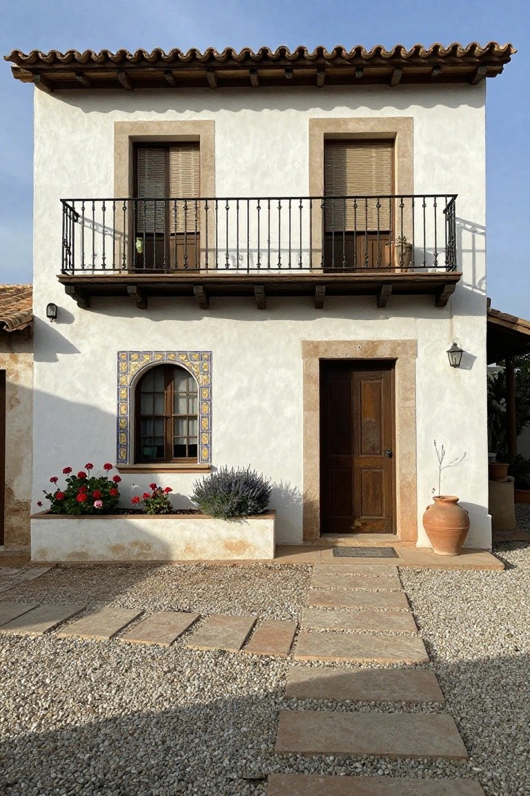 Front view of a two-story white stucco house with terracotta tile roof, black metal balcony with shutters, arched blue-and-gold tiled window, dark wooden front door, planter box with red geraniums and lavender, large terracotta pot, and stone paver path through gravel yard.