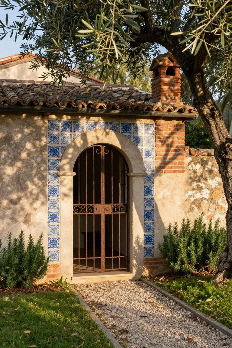 Stucco outbuilding with terracotta tile roof, arched wrought-iron gate framed by blue tiles on stucco walls, brick chimney and accents, olive tree overhead, rosemary bushes nearby, and gravel path entrance.