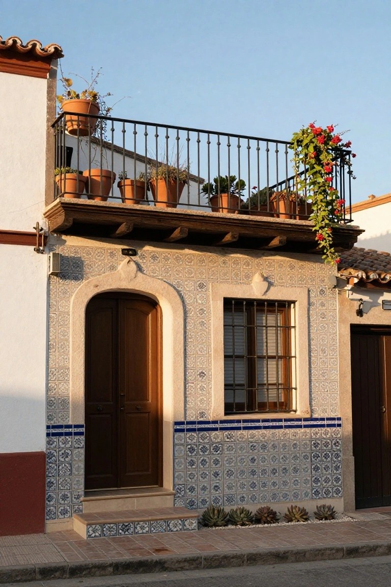 White stucco house exterior with terracotta roof tiles, arched wooden door and barred window framed by beige stone and blue-and-white patterned tiles, wrought-iron balcony with hanging plants and pots, and succulents in front.