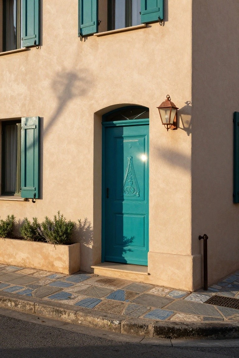 Beige stucco house corner with arched turquoise front door featuring ornate metalwork, flanked by green shutters on windows, copper lantern to the side, herb planters in stone boxes, and irregular stone tile pathway.
