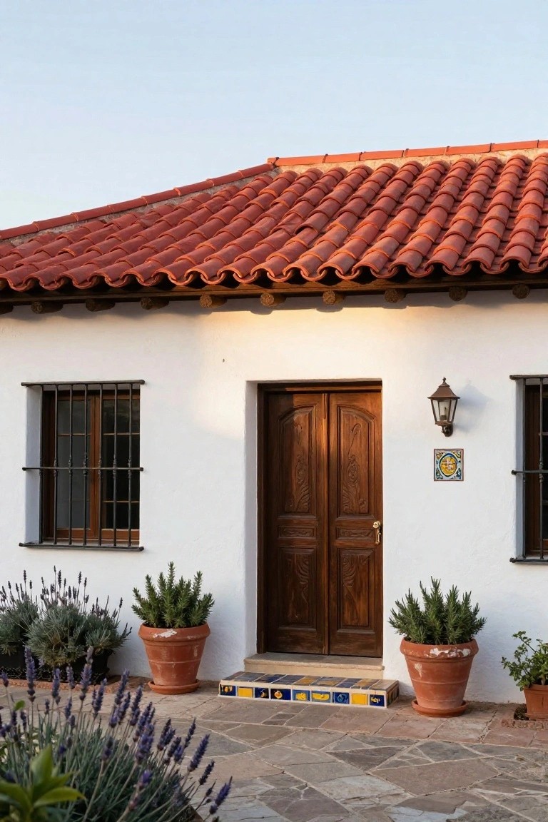 White stucco house exterior with red tile roof, dark carved wooden double doors, wrought iron window grilles, wall lantern, colorful tile plaque, potted rosemary plants, lavender shrubs, and tiled entry steps on a stone path.