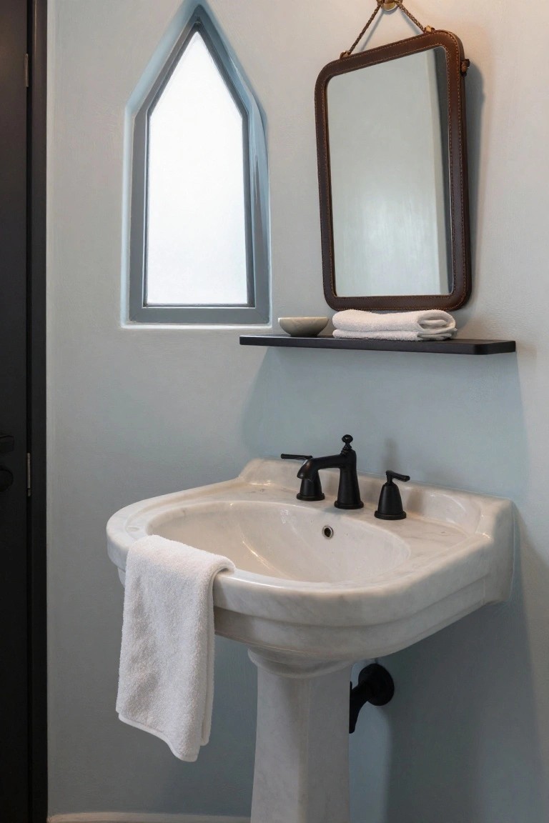 A small bathroom with light blue walls, white pedestal sink and black faucets, wood-framed mirror above a black shelf holding folded white towels, and a gothic arched window.