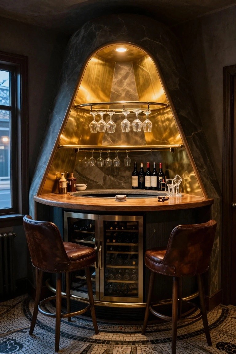 Curved wooden bar counter in a room corner with gold arched metallic backdrop, hanging wine glasses, displayed red wine bottles, marble surfaces, double wine fridge cabinets below, and two brown leather bar stools on mosaic tile floor.