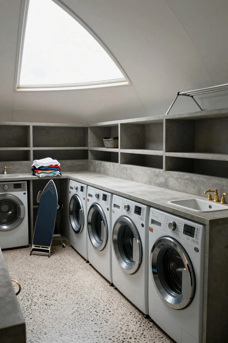 Modern laundry room interior in a geodesic dome with curved skylight, concrete counters and shelving, multiple white front-loading washers, stacked colorful laundry, ironing board, and gold faucets over a sink.