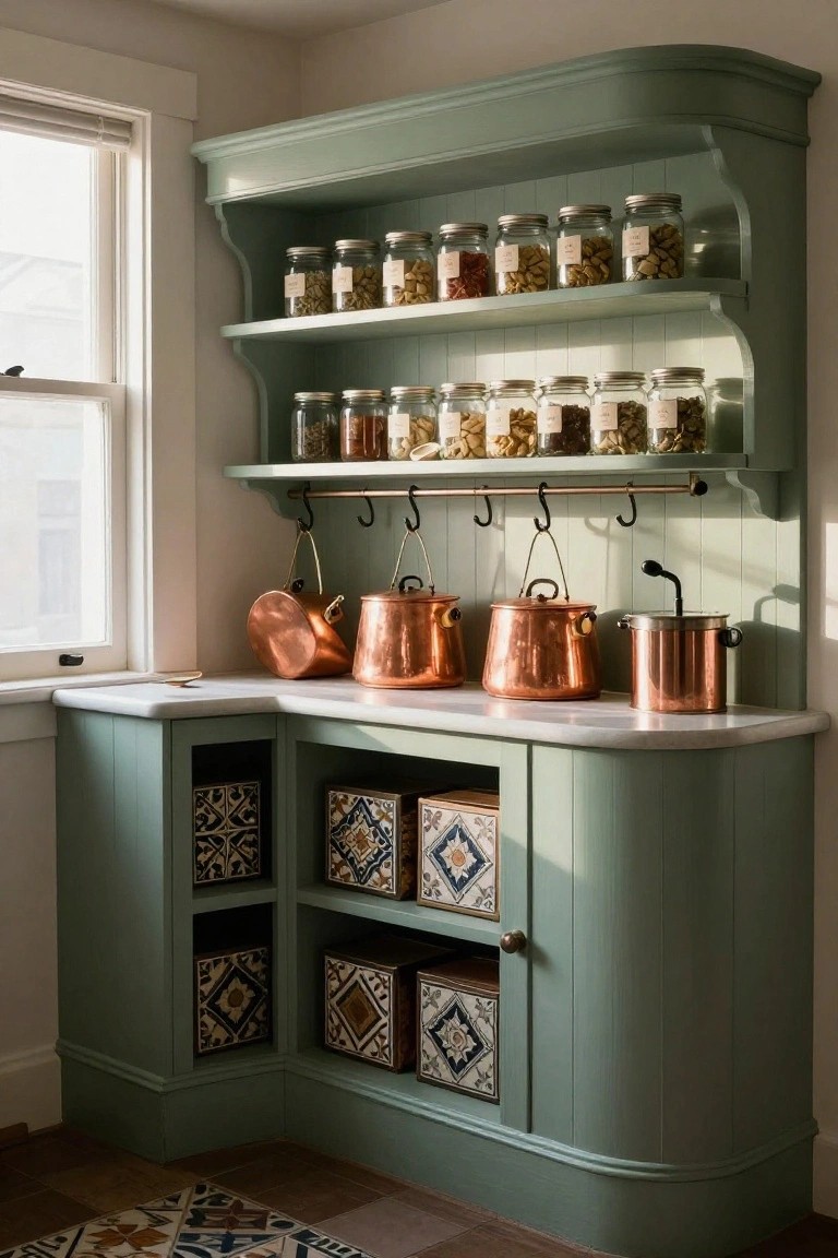 Sage green corner cabinet in a kitchen featuring open upper shelves with glass jars of spices and nuts, hooks holding copper pots, a white countertop, and lower cabinets with decorative tiled boxes.
