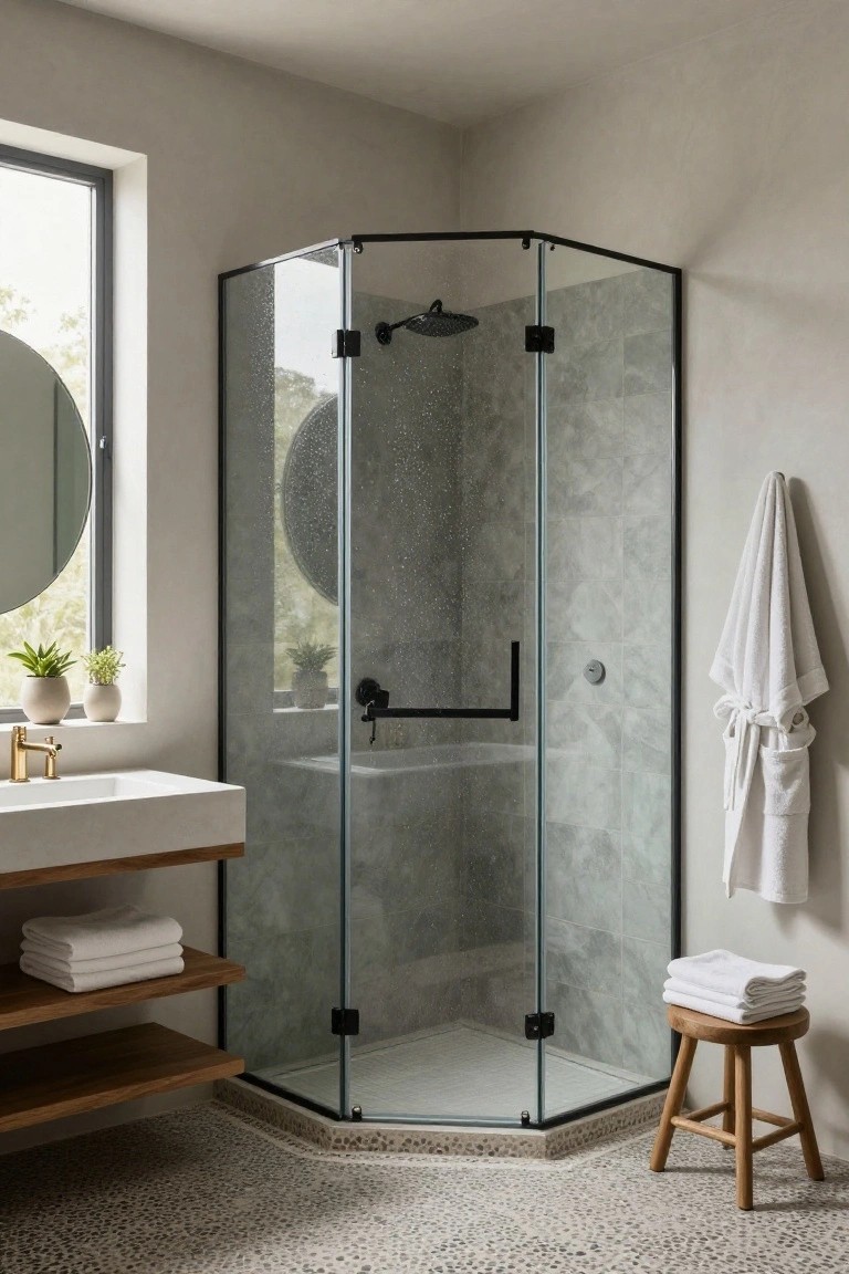 Modern bathroom with a corner neo-angle glass shower enclosure featuring black frames and frosted panels, pebble tile floor, floating wooden vanity, white towels on shelves and hooks, wooden stool, potted plants, and a round mirror.