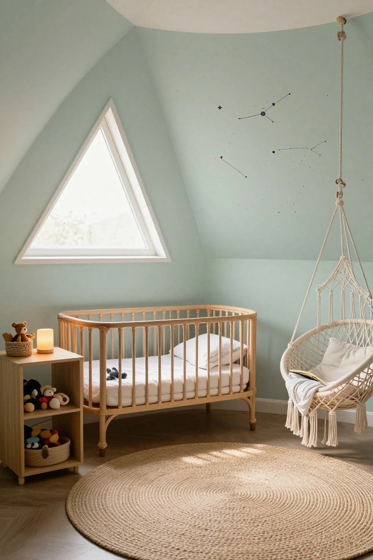 Mint green nursery room in attic space with sloped ceiling, triangular window, wooden crib with baby doll, toy shelf, macrame hanging chair with book and blanket, and round jute rug on wood floor.