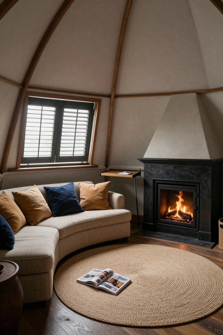 Curved beige sofa with blue and orange pillows sits on a round seagrass rug in front of a black stone fireplace inside a geodesic dome with exposed wooden arched beams and beige walls.