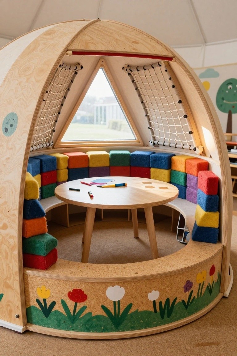 Wooden geodesic dome interior featuring curved built-in seating from stacked colorful fabric-covered foam blocks around a small round wooden table, with a netted triangular window and crayon drawings on the table.