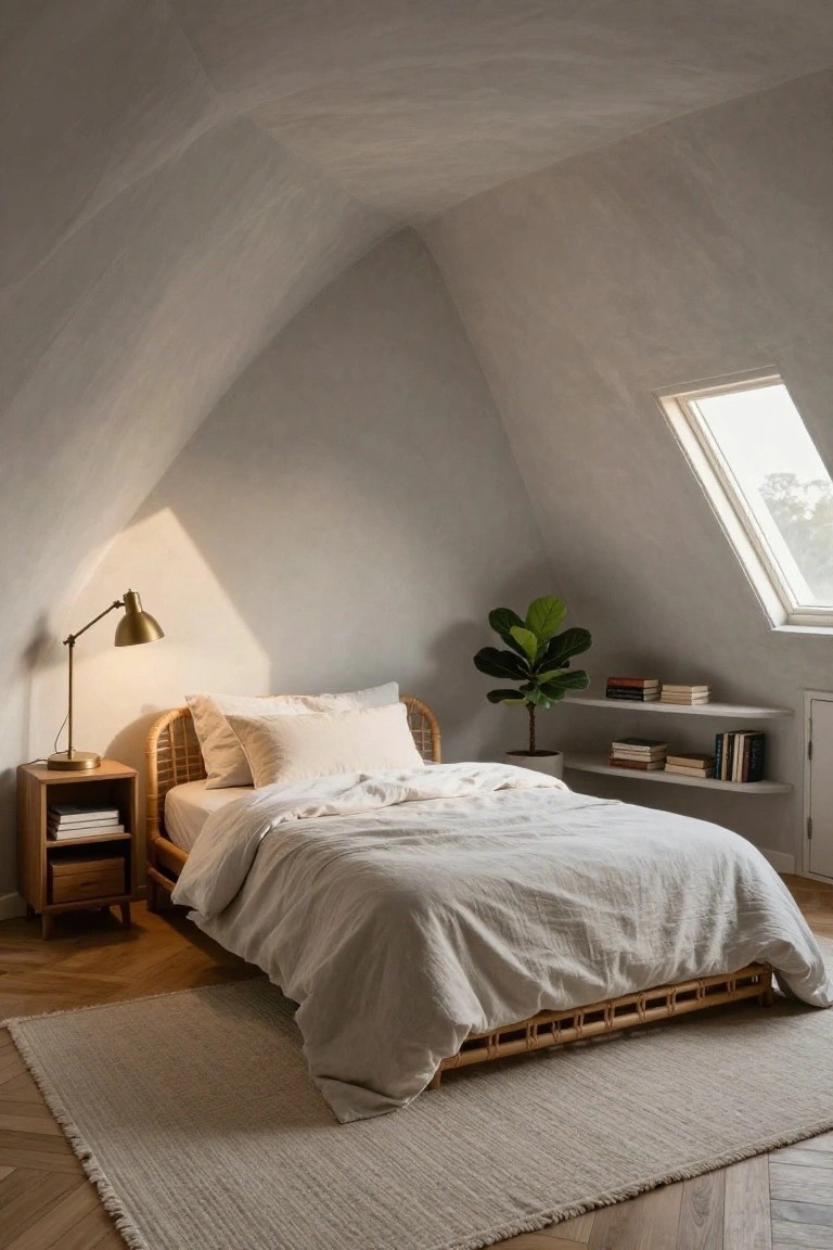 Minimalist bedroom with white sloped plaster ceilings, low rattan platform bed dressed in white linens, wooden nightstand with brass lamp and books, fiddle leaf fig plant in white pot, floating white shelves with books, and beige rug on oak wood floor.