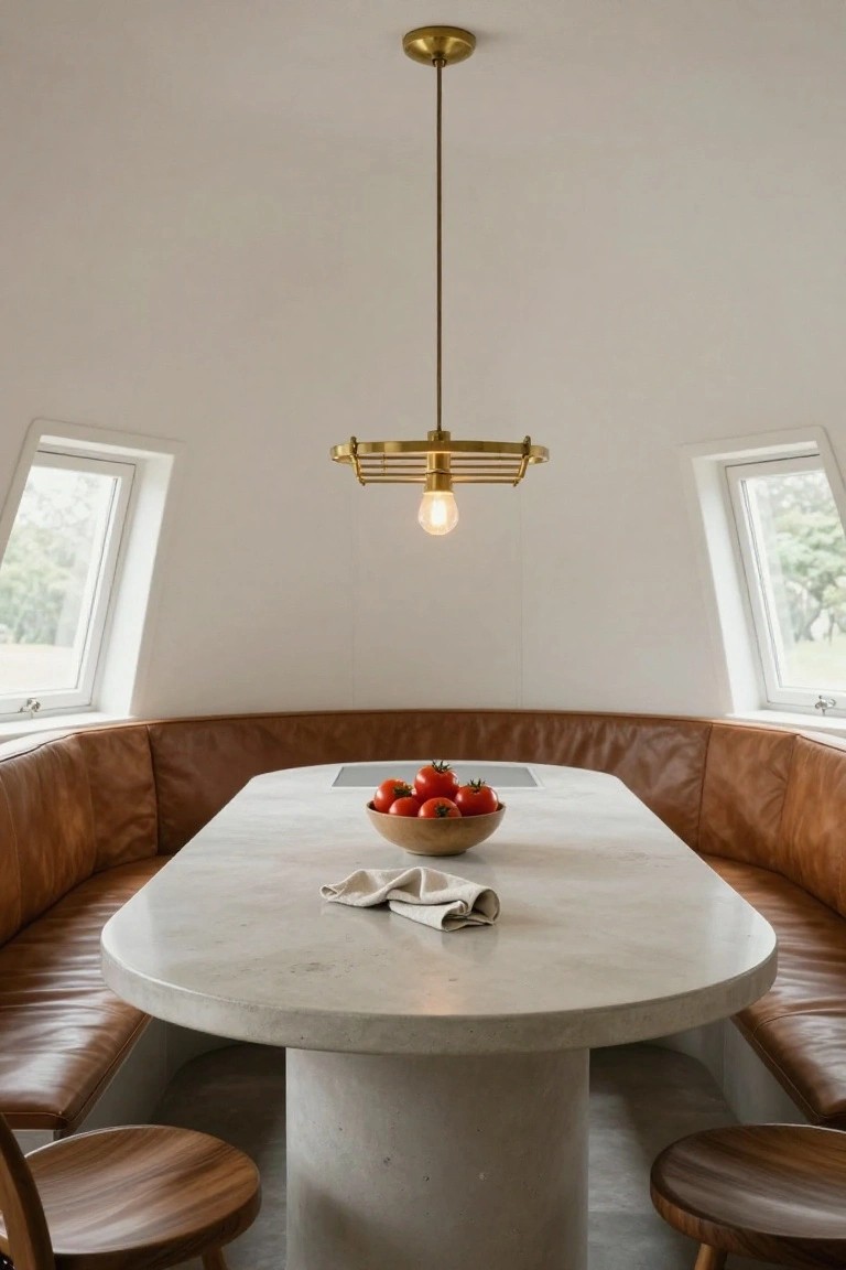Curved tan leather banquette seating surrounds an oval white stone pedestal table holding a bowl of tomatoes and a napkin in a white-walled geodesic dome room with a brass pendant light overhead and two angled clerestory windows.