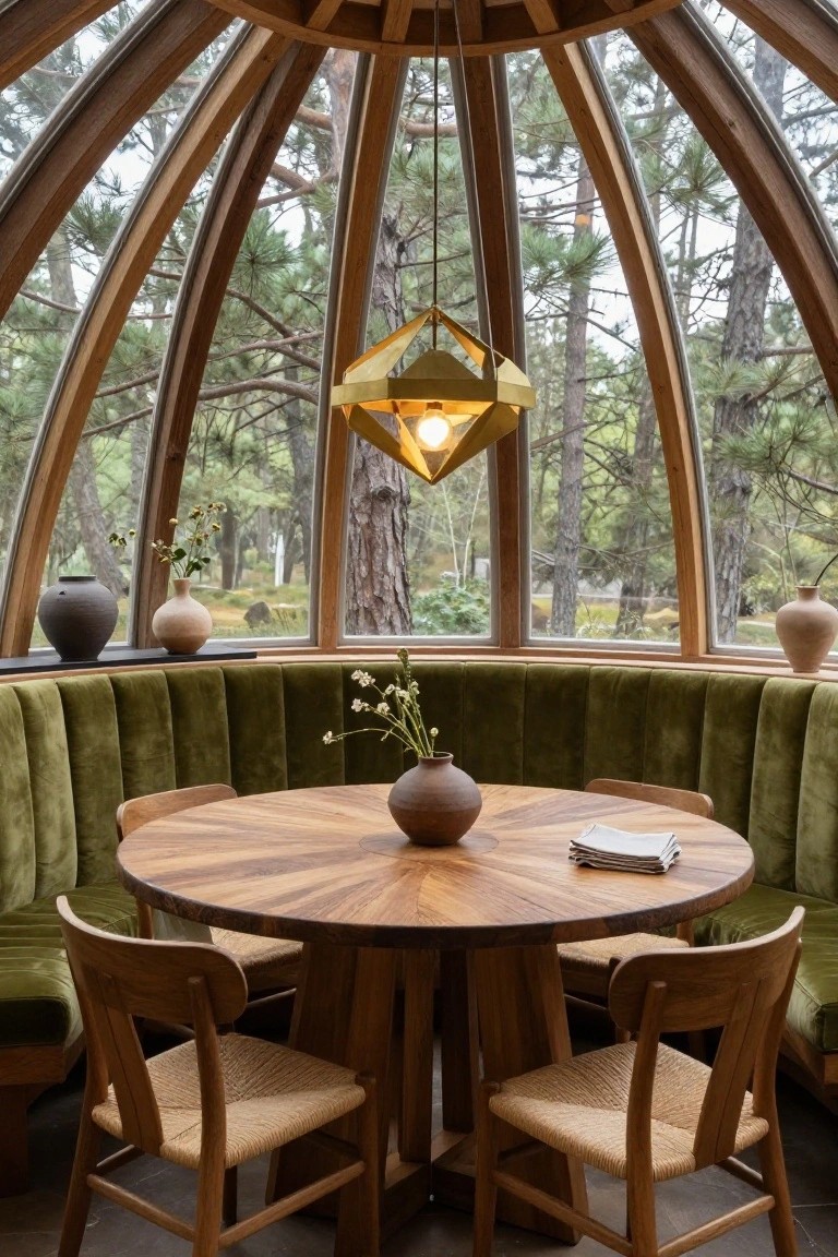 Geodesic dome interior with curved green velvet banquette seating around a round wooden table, gold geometric pendant light overhead, ceramic vases and flowers on shelves and table, large arched windows showing pine forest outside.