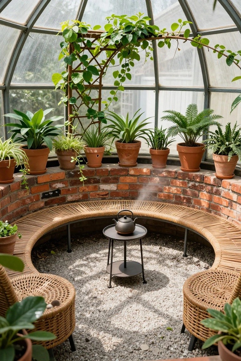 Geodesic dome greenhouse interior with a curved terracotta brick bench encircling a central black metal table holding a steaming teapot, surrounded by numerous potted plants and rattan chairs on a gravel floor.
