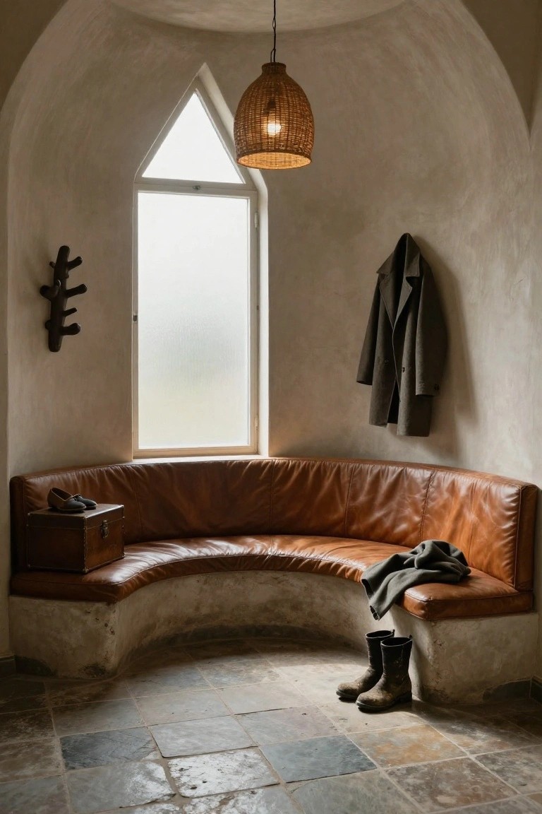 Curved alcove interior with tan leather wraparound bench on stone base, wooden trunk beside it, hanging coat and sweater, wooden coat rack, frosted triangular window, rattan pendant lamp, and brown boots on slate tile floor.