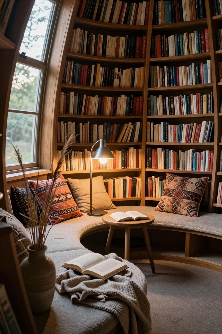 Curved wooden bookshelves line a domed room with a built-in curved bench seat holding pillows, a side table with an open book and lamp, pampas grass in a vase, and a window showing trees outside.