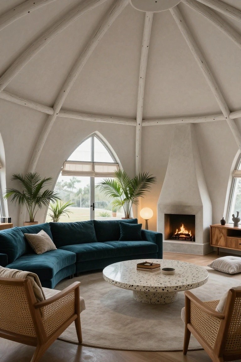 Geodesic dome living room interior with curved emerald green sofa, two rattan chairs, round terrazzo coffee table, white plaster walls, exposed wood beams, tall fireplace, potted palms, and arched windows.