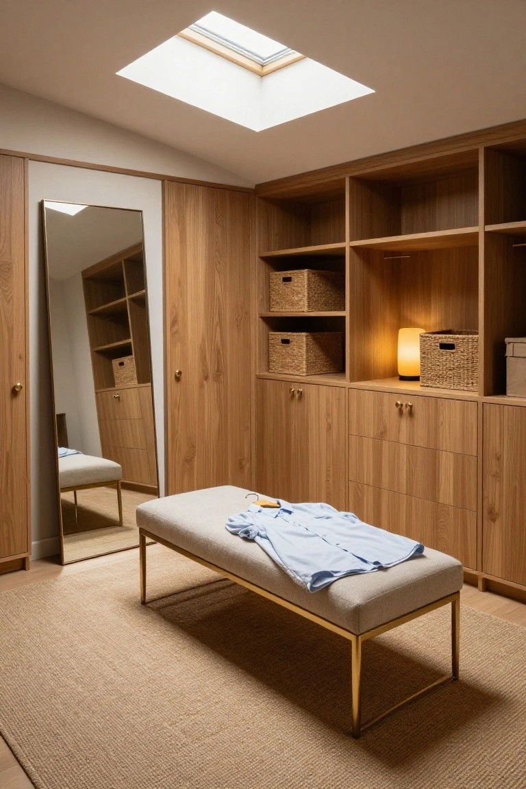 Walk-in closet with light wood cabinets and drawers lining the walls, full-length mirror on one door, upholstered bench holding a blue shirt, wicker baskets on shelves, lamp, and skylight overhead.