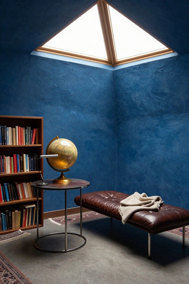 Corner of an indoor room with dark blue textured walls, wooden bookshelves stocked with books, a globe on a round table next to a lamp, brown leather bench with white throw blanket, gray floor, and triangular skylight overhead.